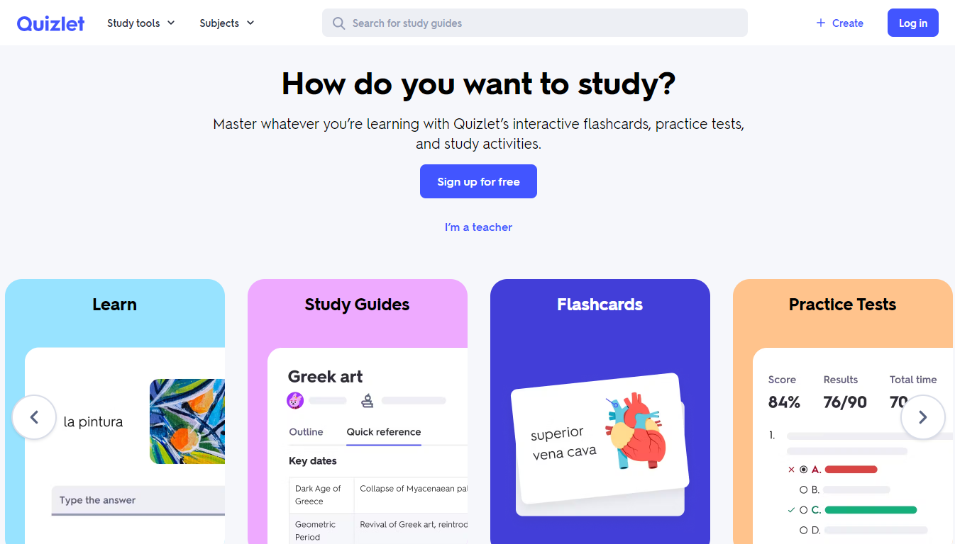 Quizlet Home Page