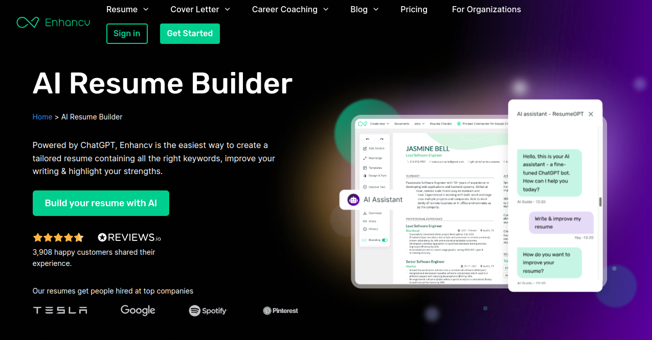 Enhancv AI Resume Builder Home Page