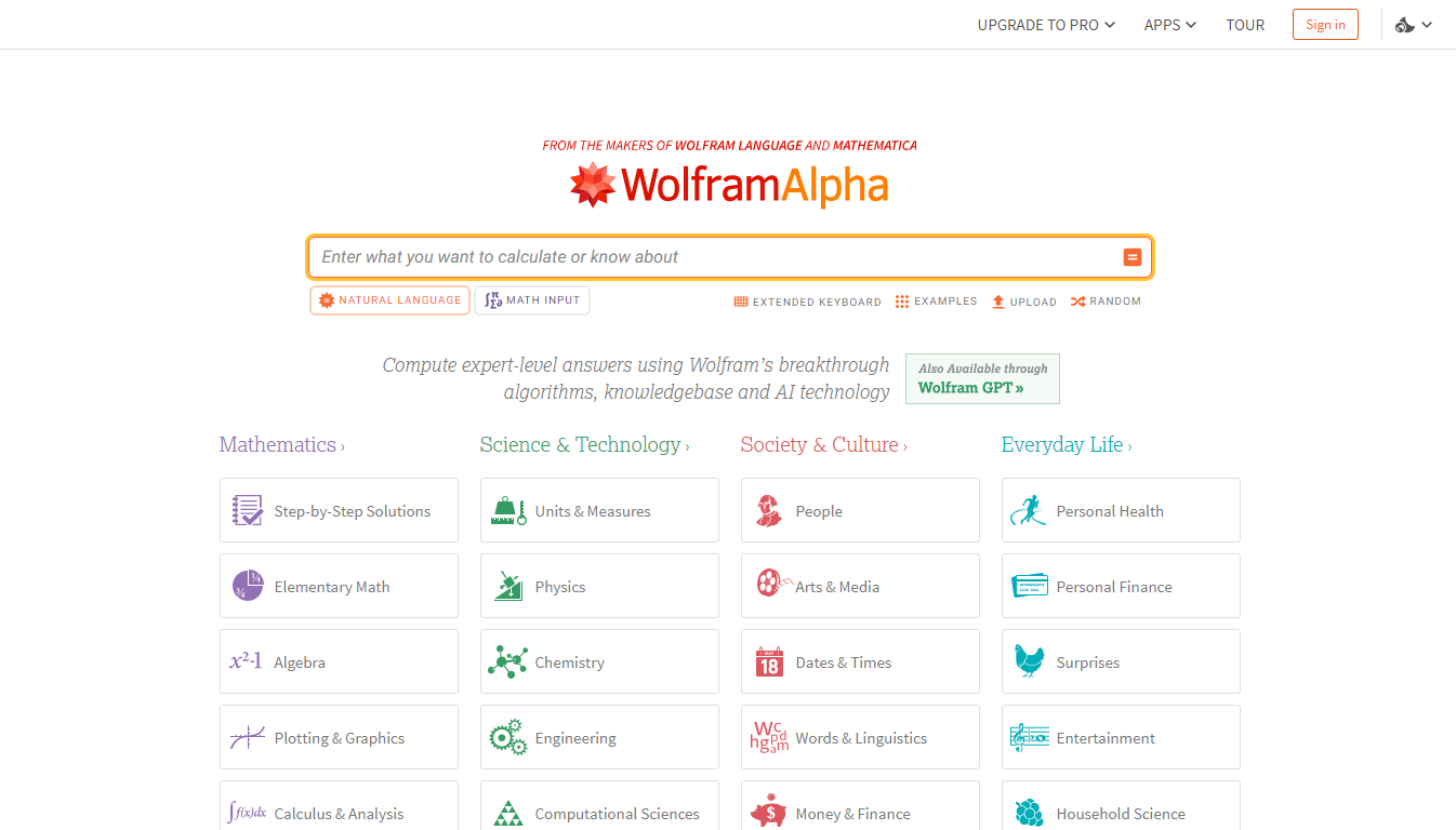 WolframAlpha Home Page