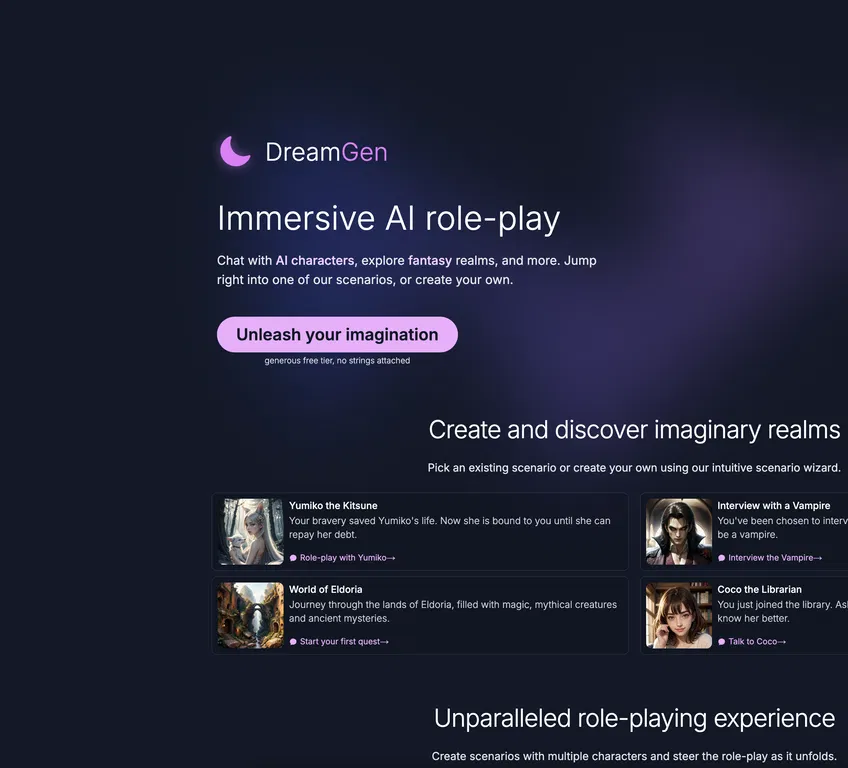 Role Play AI by DreamGen Home Page